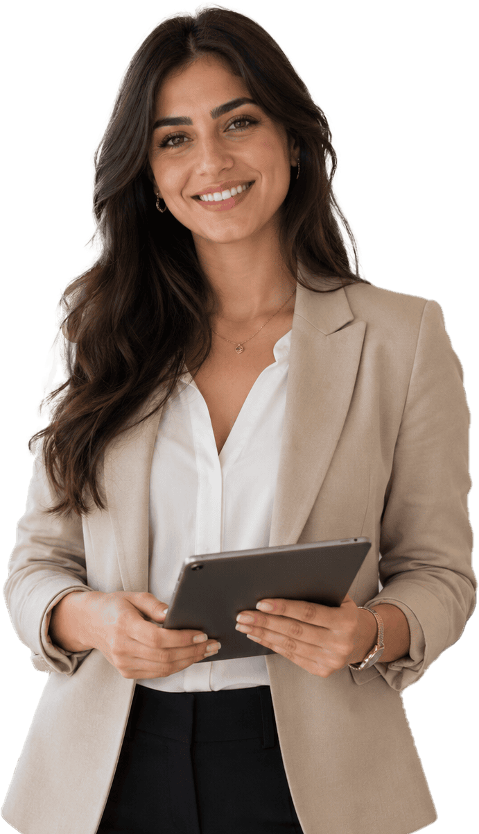 A woman with long dark hair, wearing a beige blazer and white shirt, smiles while holding a tablet. She stands confidently against a plain background.
