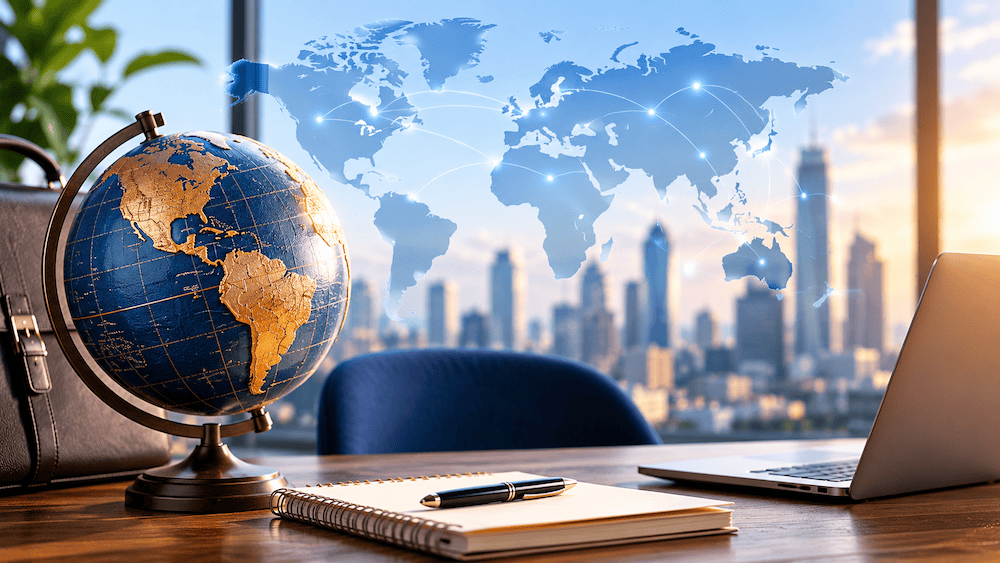 A desk with a globe, pen, and notebook in the foreground, a laptop to the right, and a city skyline in the background. A digital world map with connected lines is overlaid above the skyline.