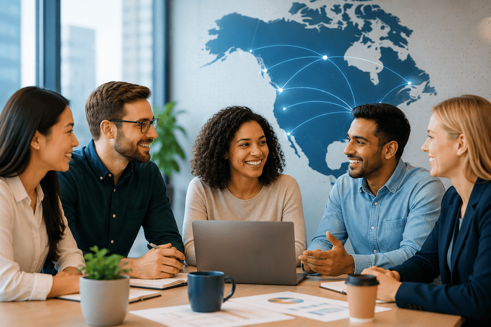 Five professionals sit around a table in an office, smiling and talking. A laptop, documents, and coffee mugs are on the table. A world map with network lines is displayed on the wall behind them.