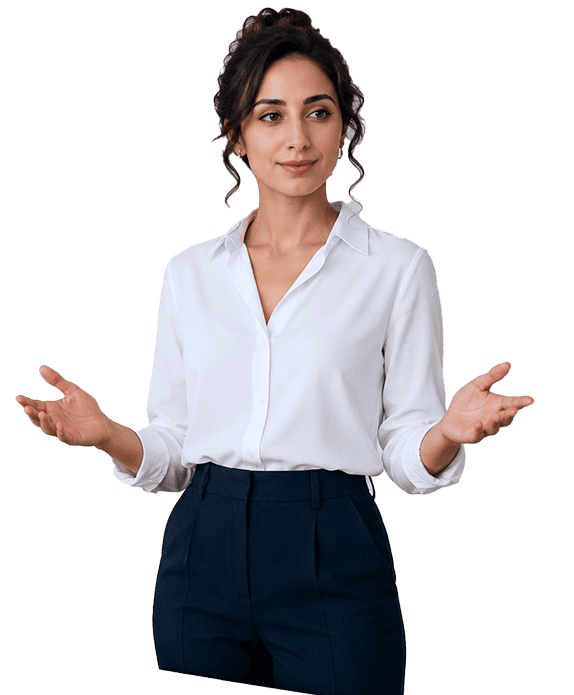 A woman with dark hair in an updo, wearing a white button-up shirt and dark high-waisted pants, stands with her arms slightly outstretched and a pleasant expression on her face.