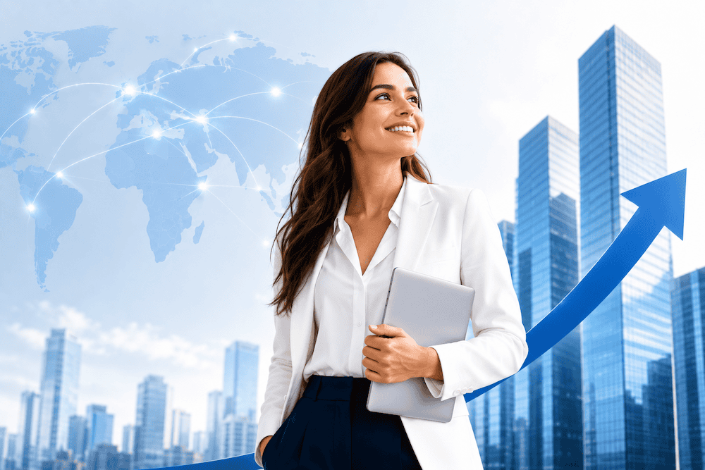 Confident businesswoman in a white suit holding a tablet stands in front of tall city skyscrapers, with a rising blue arrow and a world map with connecting lines in the background, symbolizing global business growth.