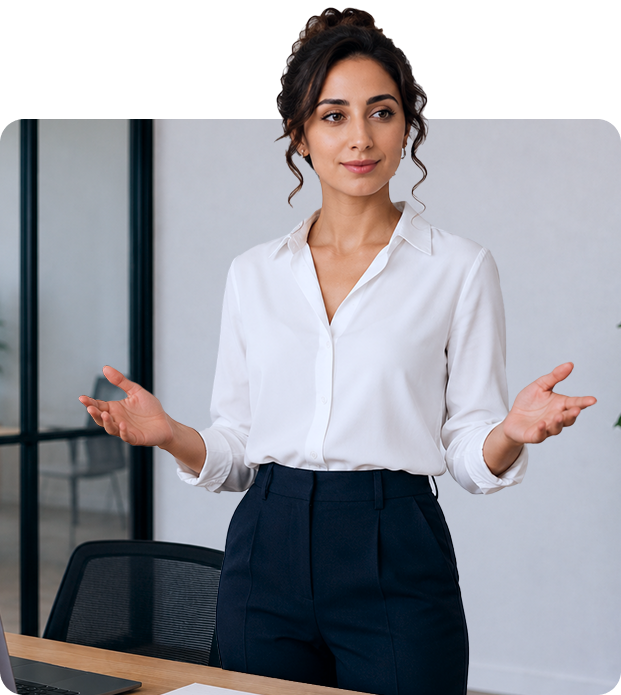 A woman in a white blouse and dark pants stands behind a desk, gesturing with open hands, appearing to speak or present in an office setting.