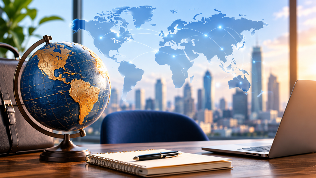 A globe, notebook, and pen sit on a desk near a laptop, with a city skyline and a digital world map in the background, symbolizing global business and connectivity.
