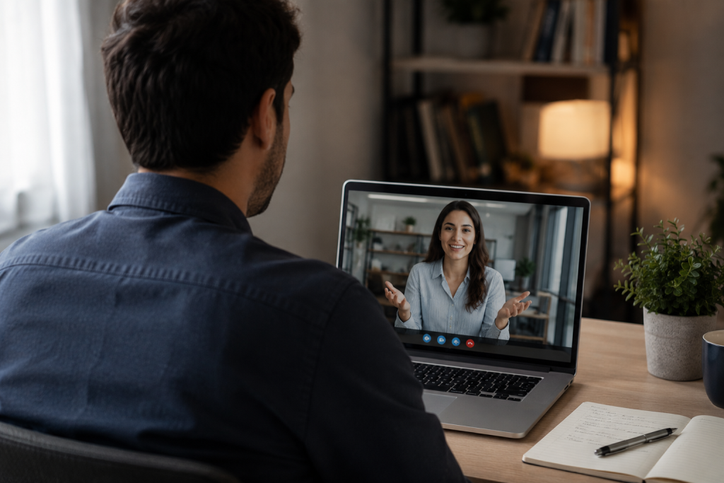A man sits at a desk, video chatting on a laptop with a smiling woman. The desk holds a notebook, pen, and potted plant. Bookshelves and a lamp are visible in the background.