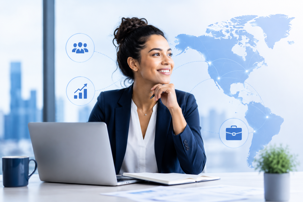 Businesswoman sits at a desk with a laptop, smiling. A world map and business icons for teamwork, growth, and briefcase are digitally overlaid in the background, suggesting global business connections.