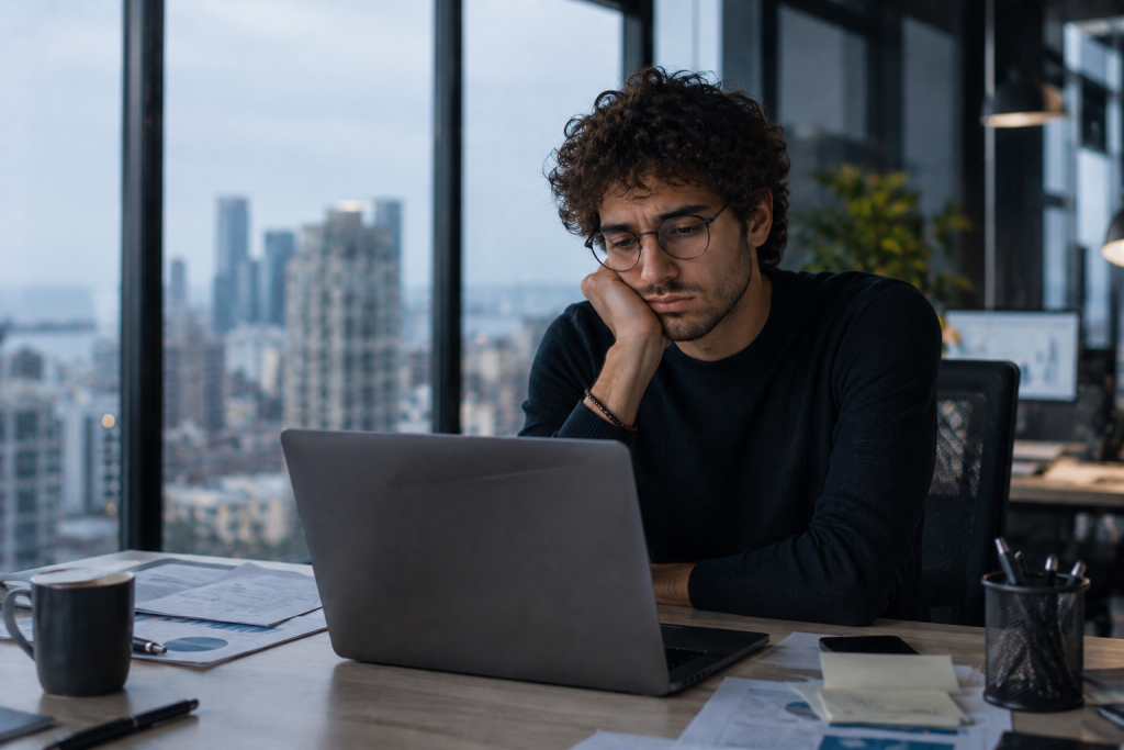 A man with curly hair and glasses sits at a desk, looking tired and bored while staring at his laptop in a modern office with city views. Papers, a mug, and office supplies are scattered on the desk.